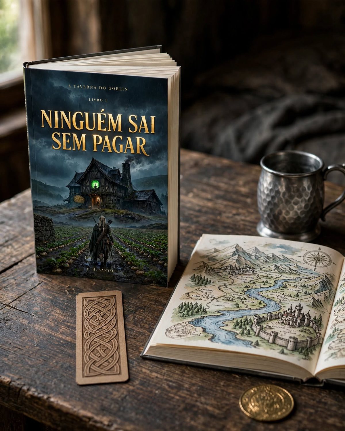 Dois exemplares de Ninguém Sai Sem Pagar sobre uma mesa de madeira: um em pé, outro aberto no mapa, com um marcador, uma caneca de estanho e uma moeda de ouro