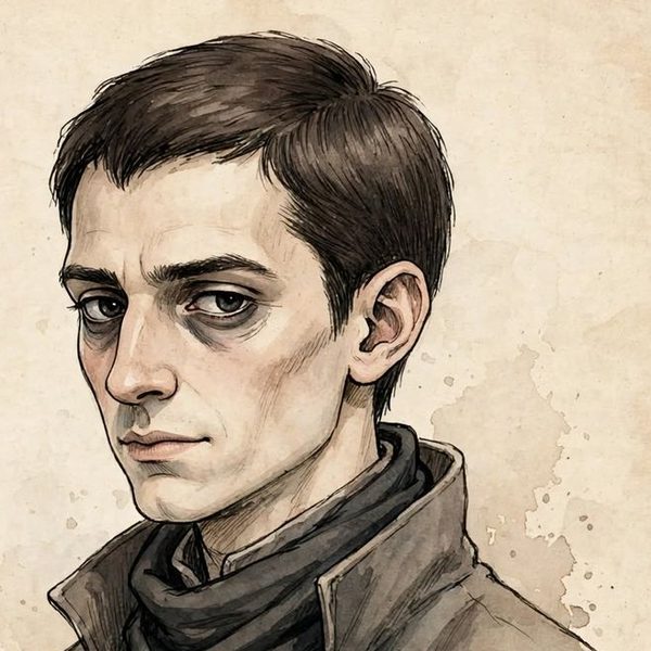 Zethos, halfling magro de rosto cansado, gola alta e cachecol escuro