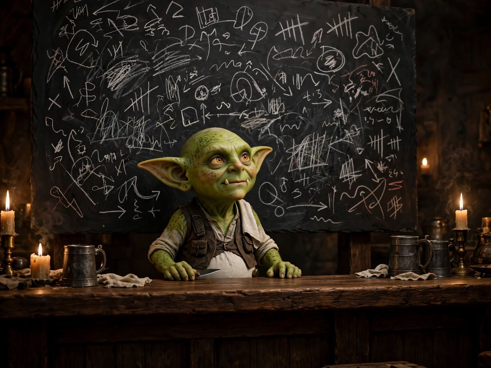 A Lousa de ardósia coberta de riscos de giz, com o Goblin atrás do balcão